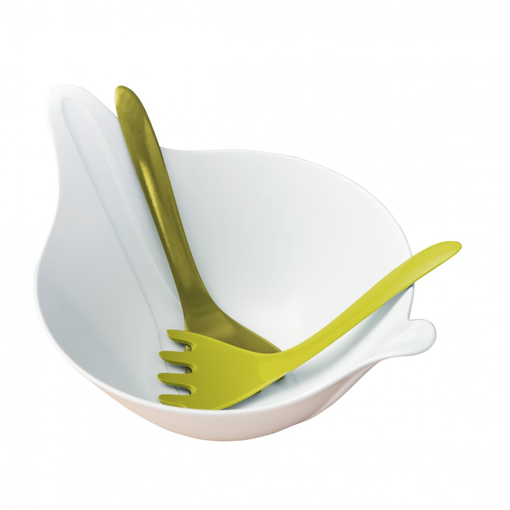 LEAF 2.0 Salad bowl with servers 4l cotton white-olive green/mustard green